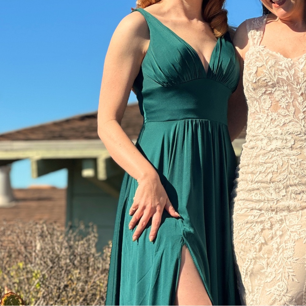 Forest Green Plunging Neckline Front Slit Bridesmaid Maid Of Honor Formal Dress